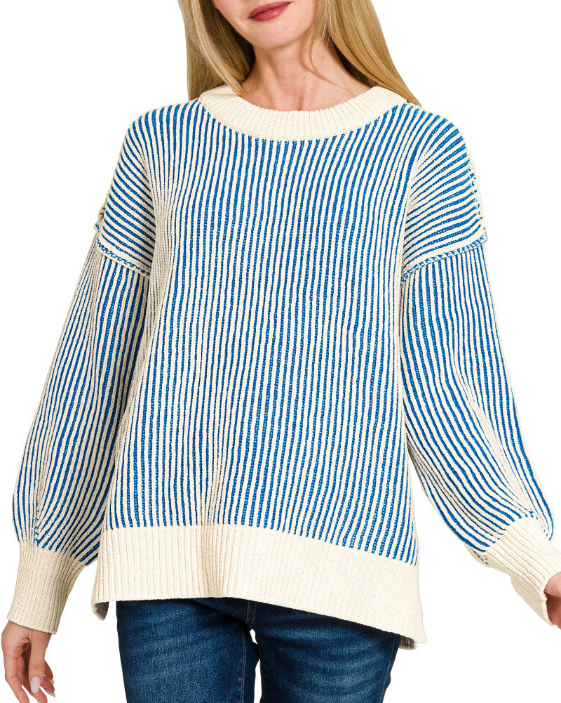 Woman wearing Blue and Ivory Two Tone Striped Crew Neck Sweater.