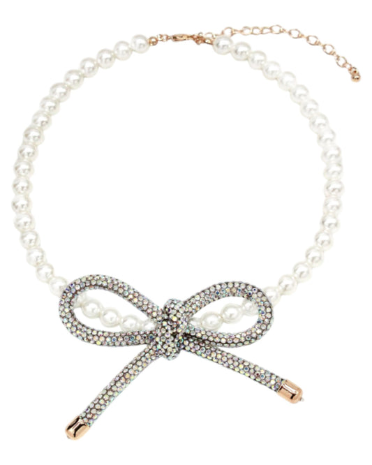 Pearl and Oversized Black Bow Necklace
