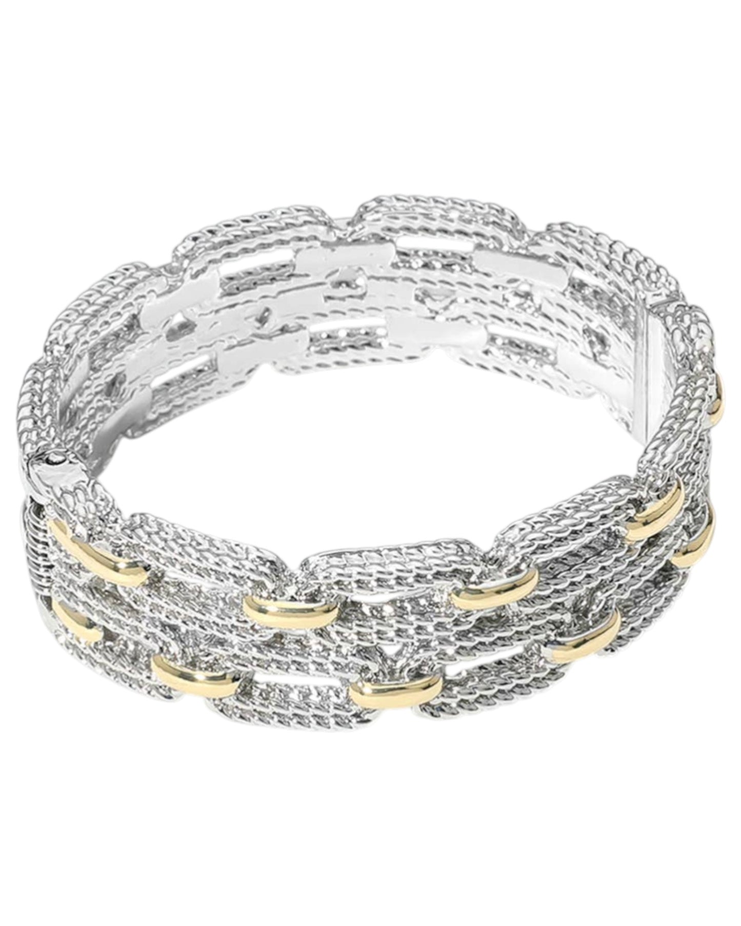 Two Tone Double Layered Textured Link Hinged Bangle Bracelet
