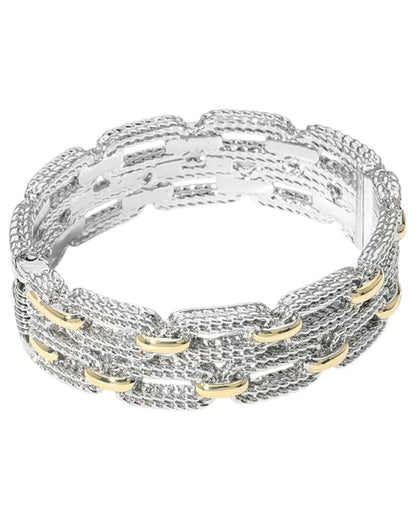 Two Tone Double Layered Textured Link Hinged Bangle Bracelet