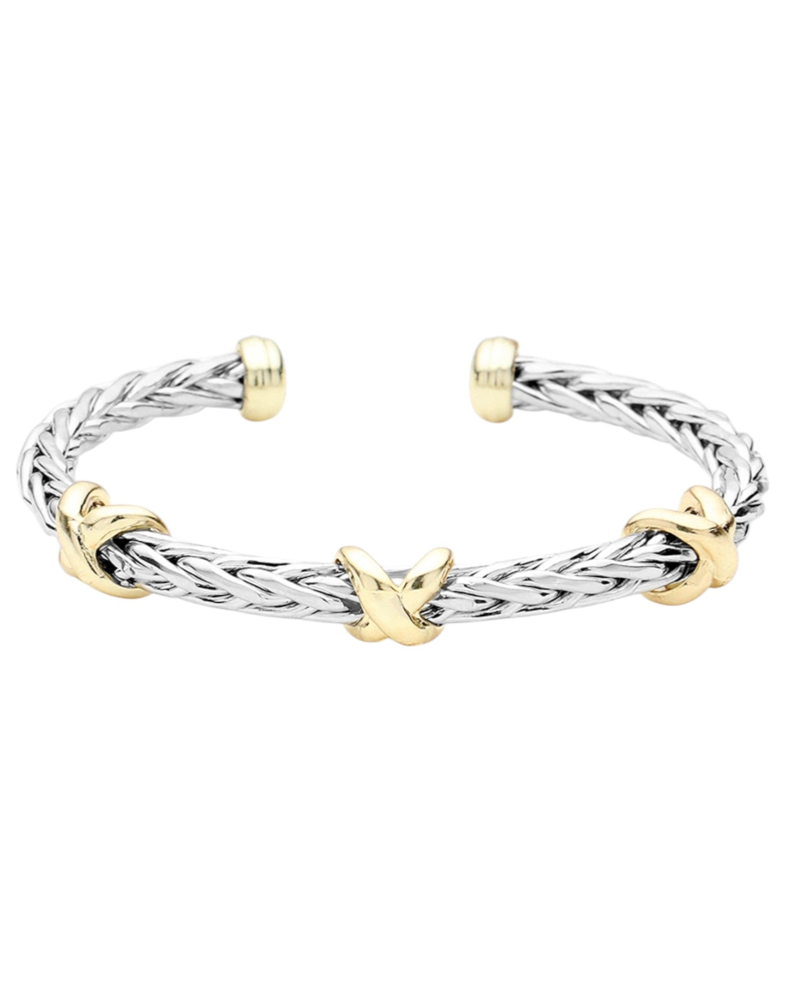 Silver and gold braided bracelet on a white background.