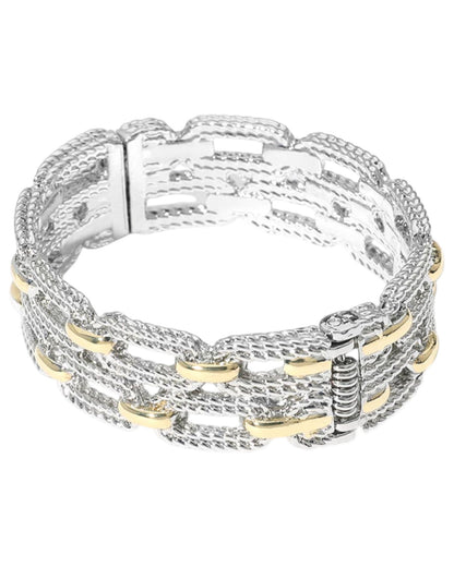 Two Tone Double Layered Textured Link Hinged Bangle Bracelet
