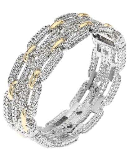 Two Tone Double Layered Textured Link Hinged Bangle Bracelet
