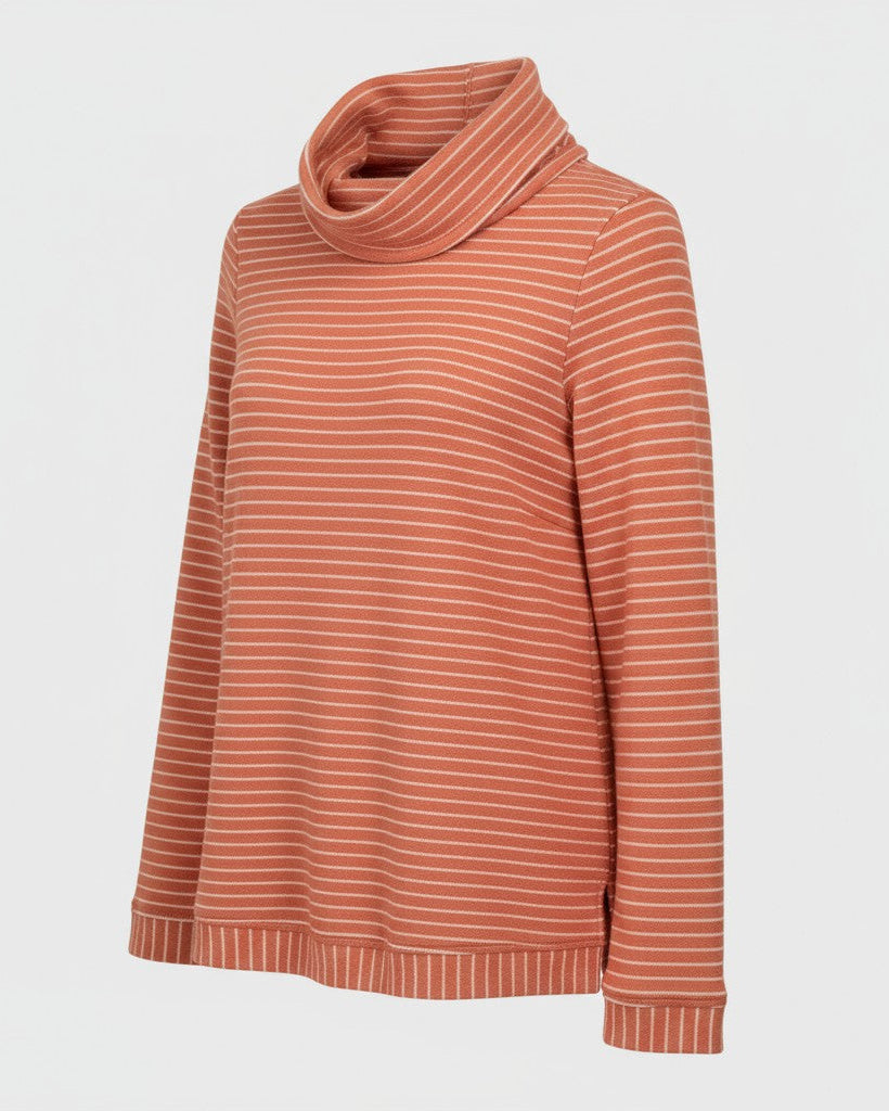 Striped sweater with a high, funnel neckline on a white background.
