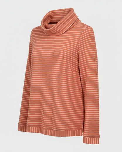 Striped sweater with a high, funnel neckline on a white background.