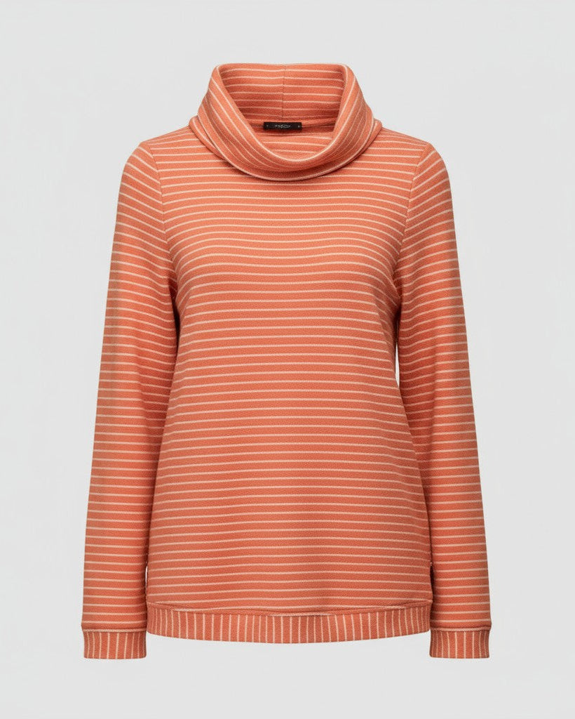 Salmon-color striped funnel neck sweatshirt with relaxed fit and soft texture.