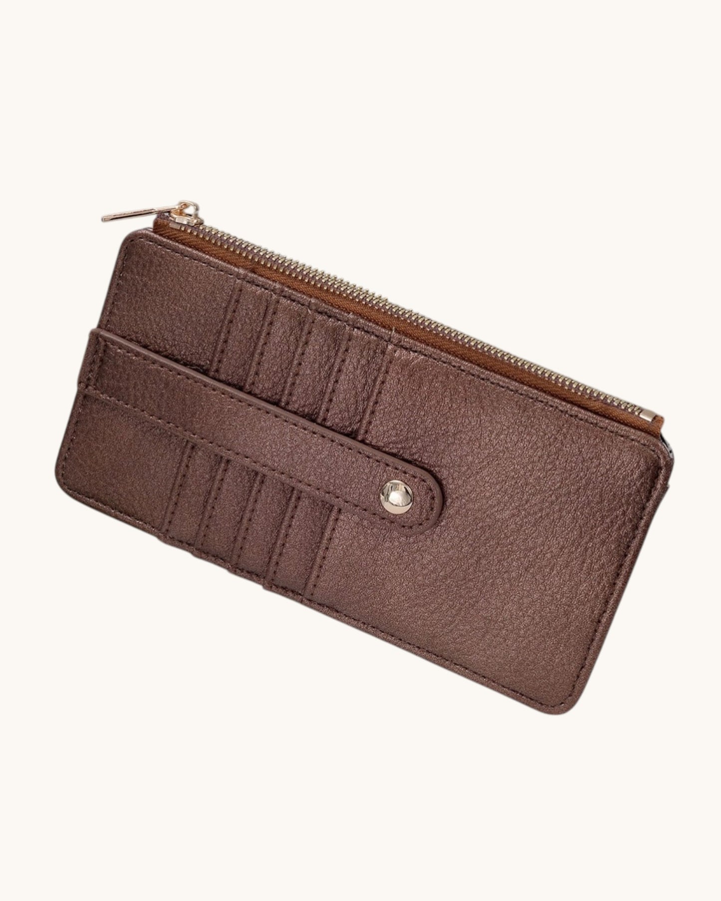 Brown wallet with a zipper on a white background.