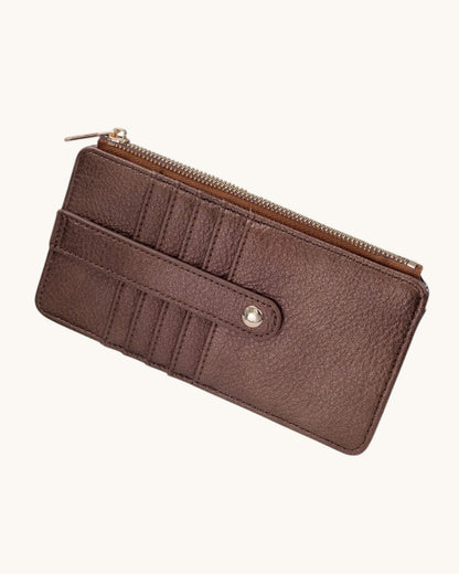 Brown wallet with a zipper on a white background.