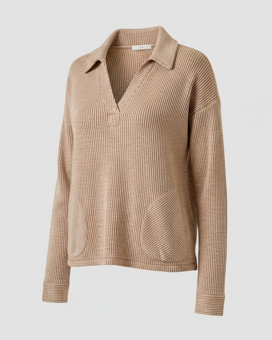 Ribbed Collared Pullover in camel and warm brown with two-tone ribbed knit and front pockets. 