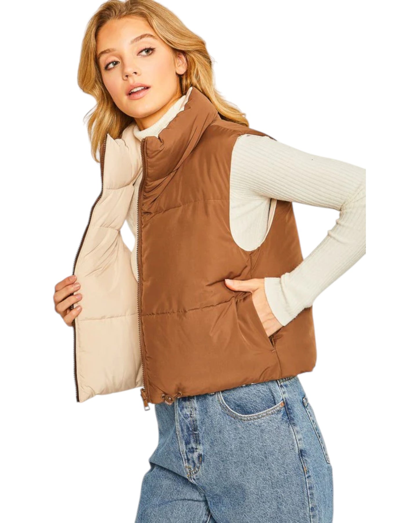 Brown/Creamy Beige Reversible Cropped Puffer Vest