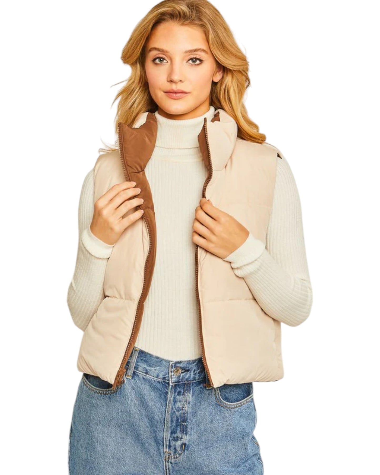 Brown/Creamy Beige Reversible Cropped Puffer Vest