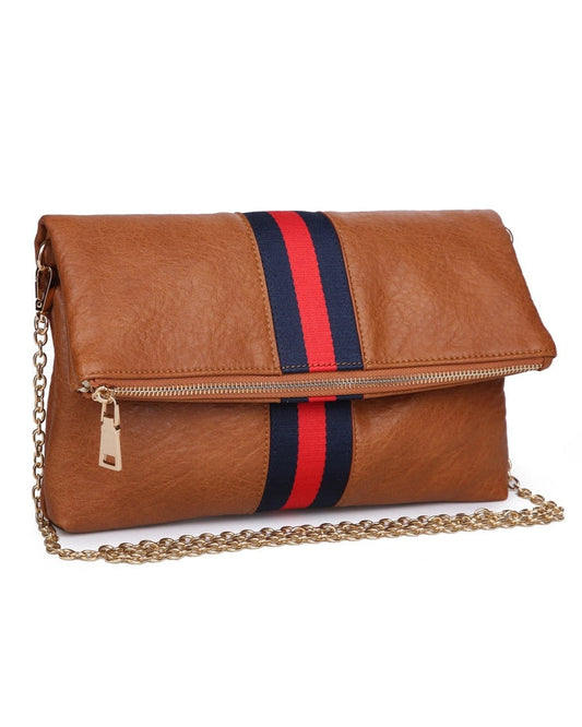 Brown vegan leather fold over clutch bag with sporty navy and red stripe, zipper and gold strap.