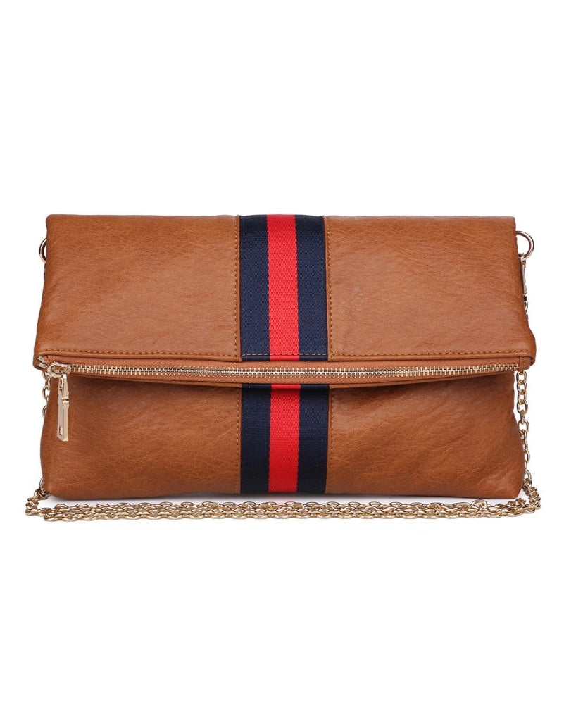 Brown vegan leather fold over clutch bag with sporty navy and red stripe, zipper and gold strap.