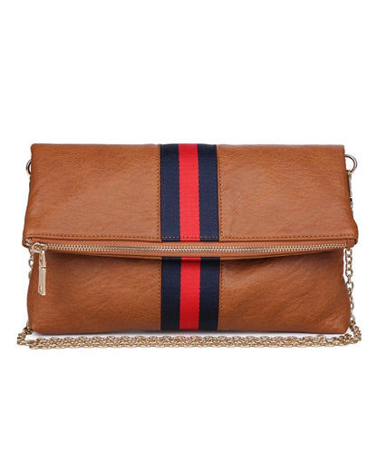 Brown vegan leather fold over clutch bag with sporty navy and red stripe, zipper and gold strap.