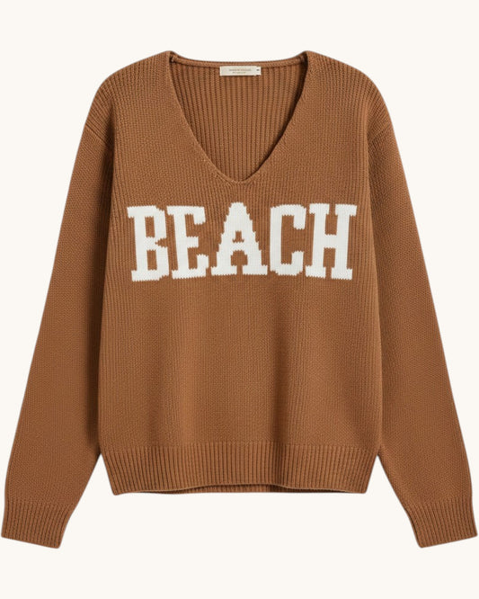 Brown/deep camel  v-neck sweater with 'BEACH' text on a white background.
