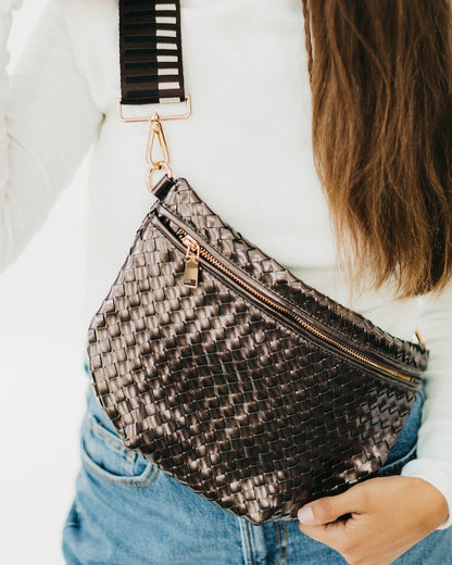 Metallic Gunmetal Woven Faux Leather Crossbody / Bum Bag