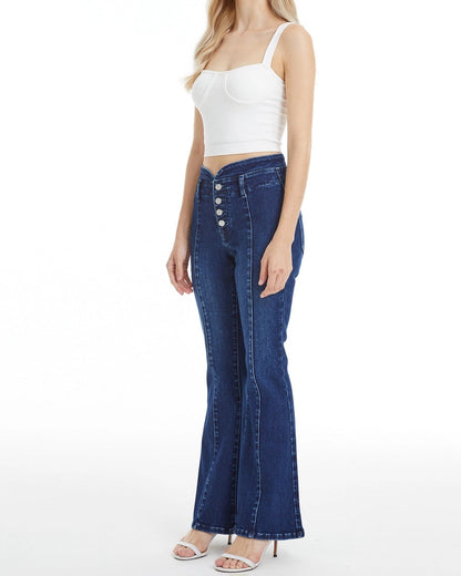 Dark blue flare jeans with V-shaped contoured waistband and button fly closure.