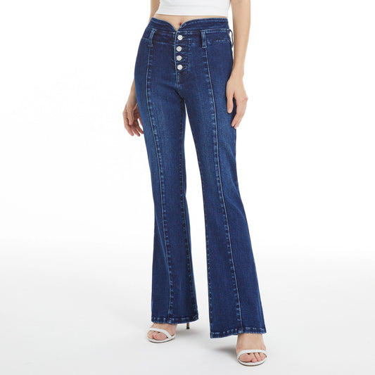 Dark blue flare jeans with V-shaped contoured waistband and button fly closure.