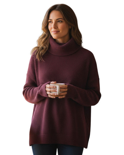 Woman wearing a maroon turtleneck sweater holding a mug on a white background.