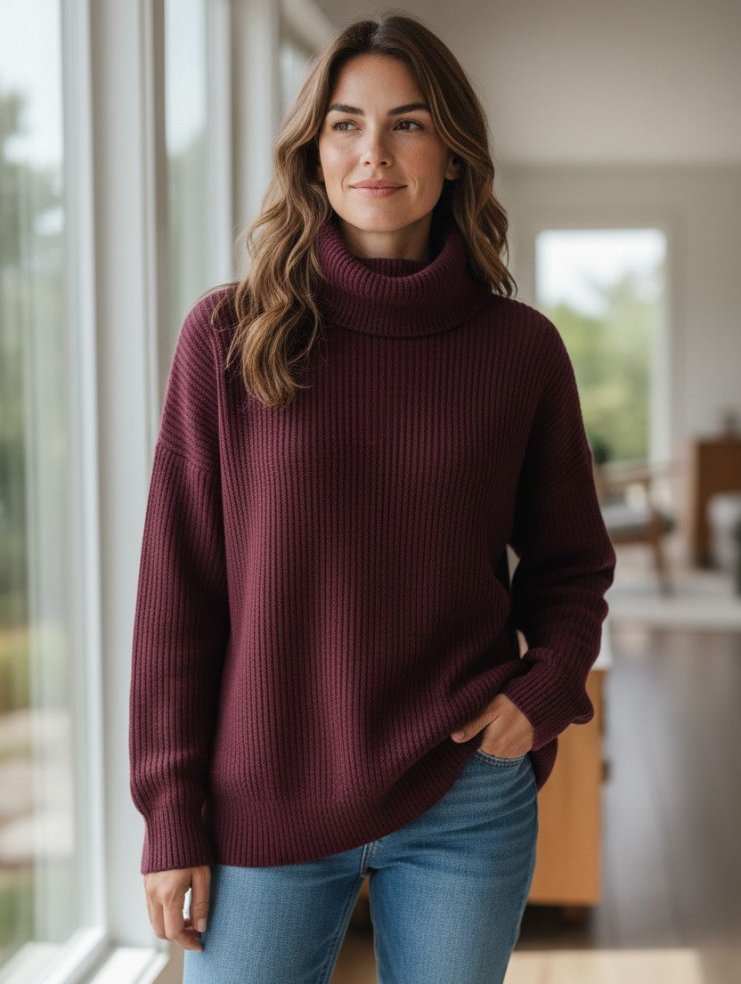 Woman wearing a maroon turtleneck sweater and blue jeans indoors.