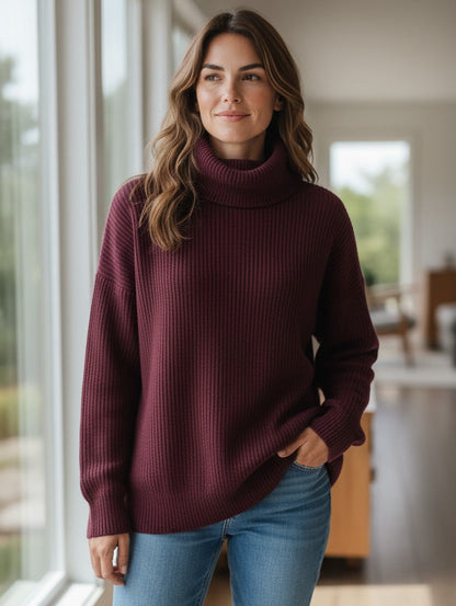 Woman wearing a maroon turtleneck sweater and blue jeans indoors.