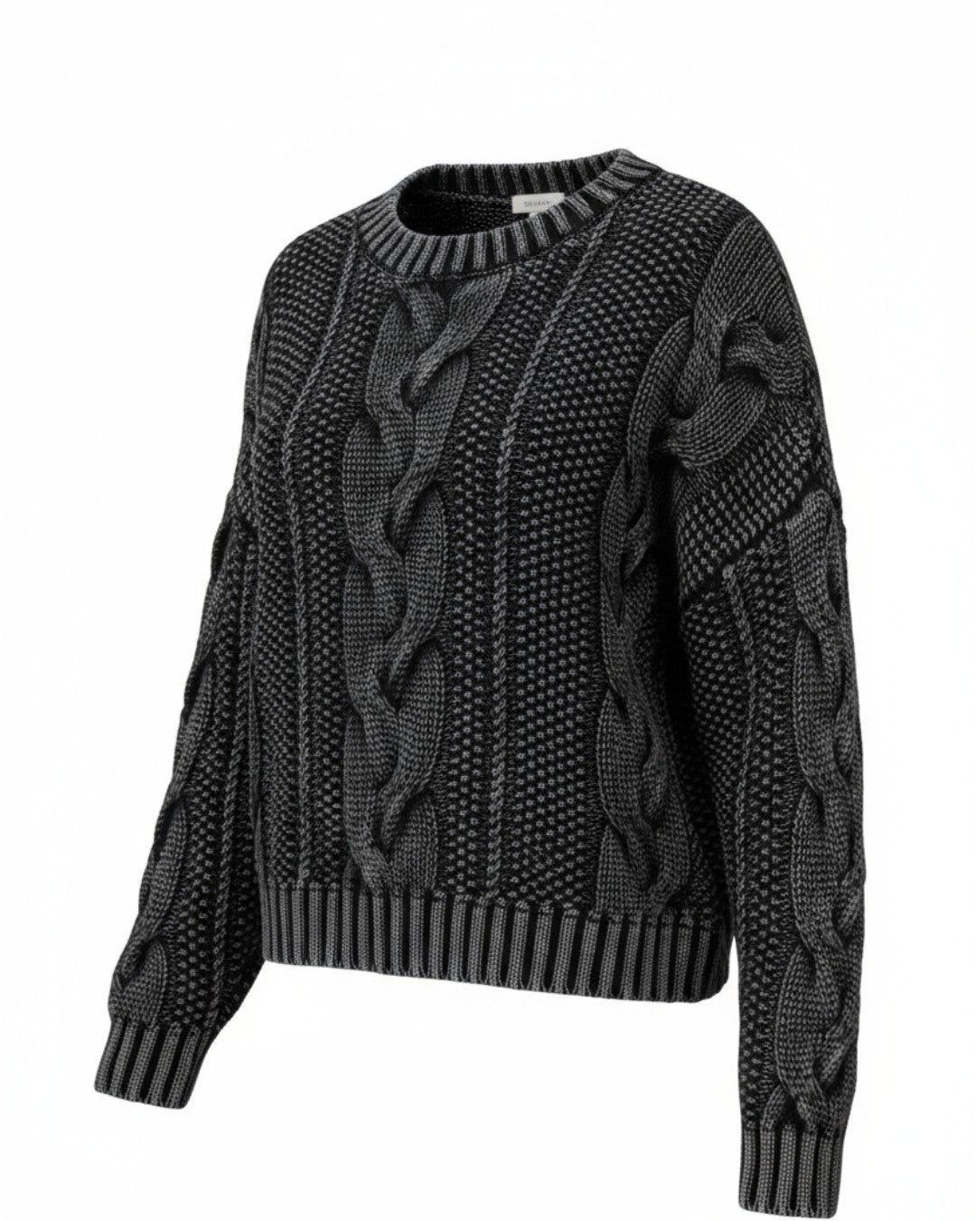 Cotton chunky cable knit sweater in black acid wash. 