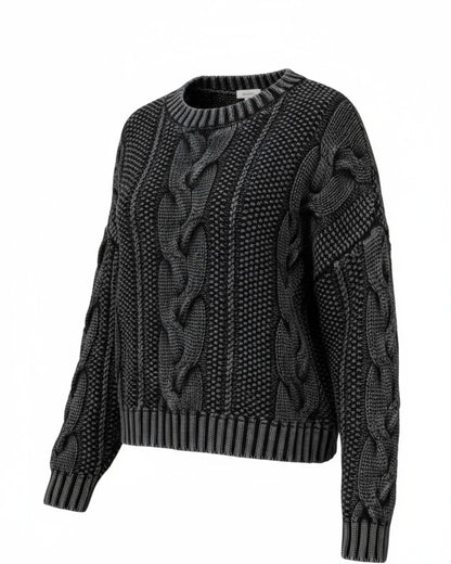 Cotton chunky cable knit sweater in black acid wash. 