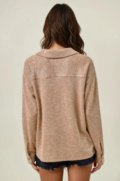 Ribbed Collared Pullover in camel and warm brown with two-tone ribbed knit and front pockets.