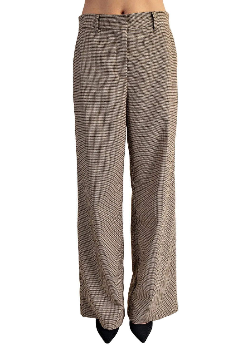 Straight leg plaid camel trousers.