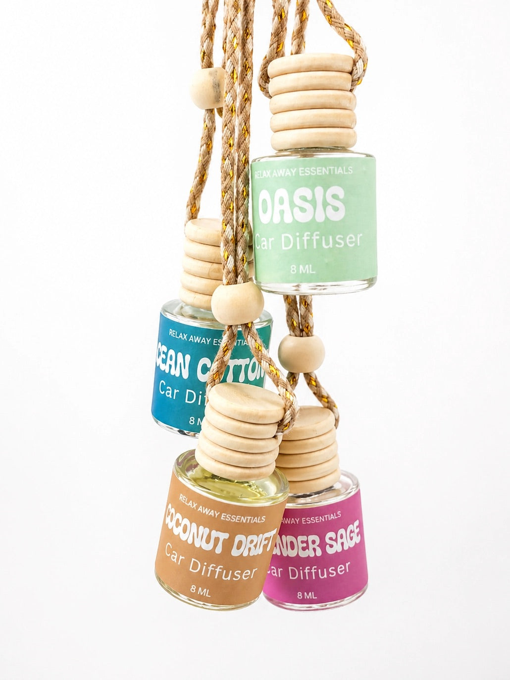 Set of four essential oil car diffusers with wooden beads on a white background.