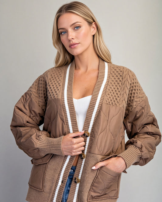 Caramel Delight sweater jacket with quilted panels, knit shoulders, striped front trim, and oversized pockets.