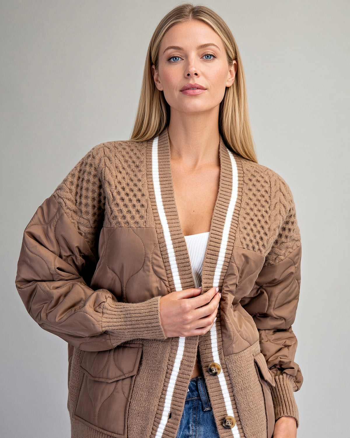 Front view of Caramel Delight jacket with curved quilting and ribbed hem and cuffs.