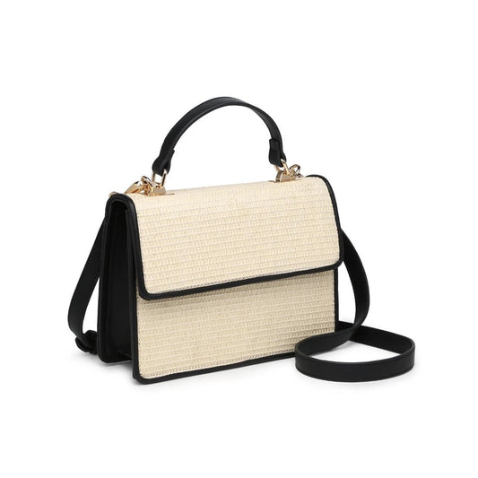 Structured woven crossbody with black trim and top handle.