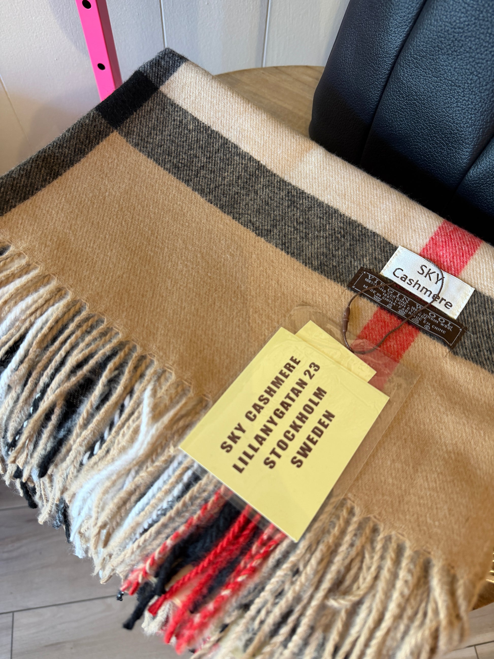 Camel, red, black and ivory plaid pattern cashmere scarf.