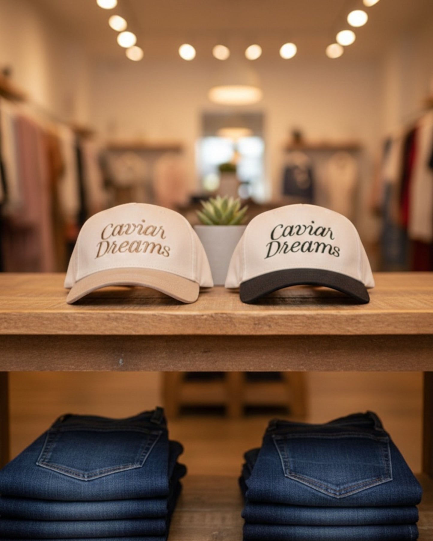 Two caps with 'Caviar Dreams' text on a wooden table in a store setting.