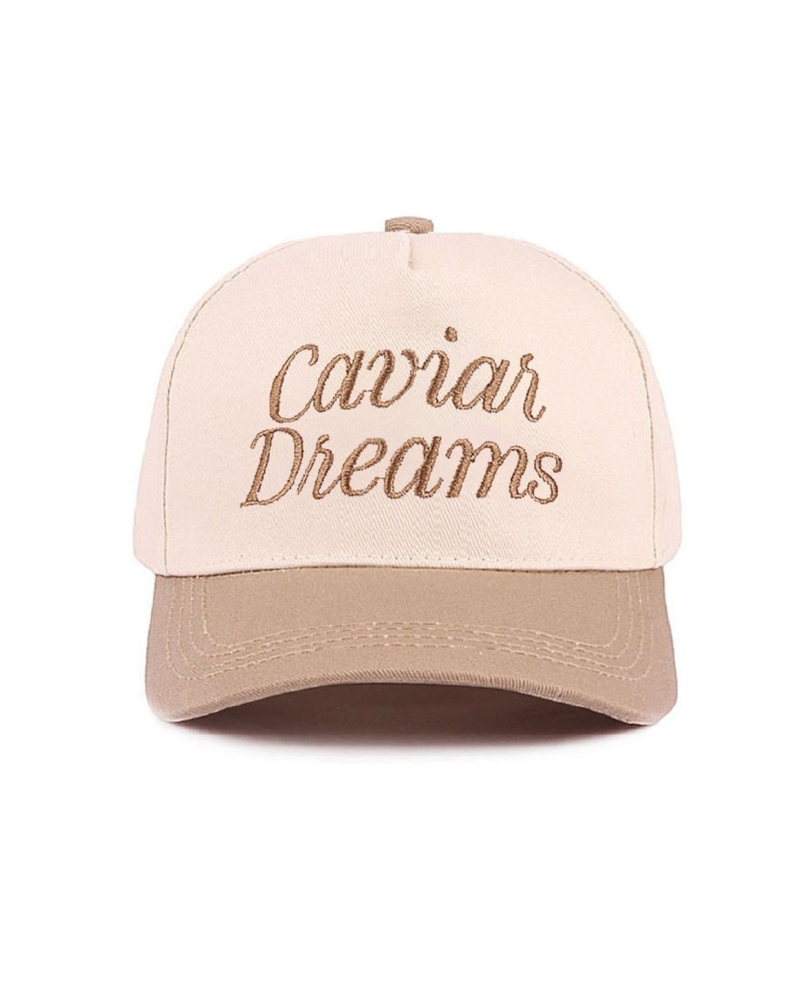 Beige cap with 'Caviar Dreams' embroidery on a white background.