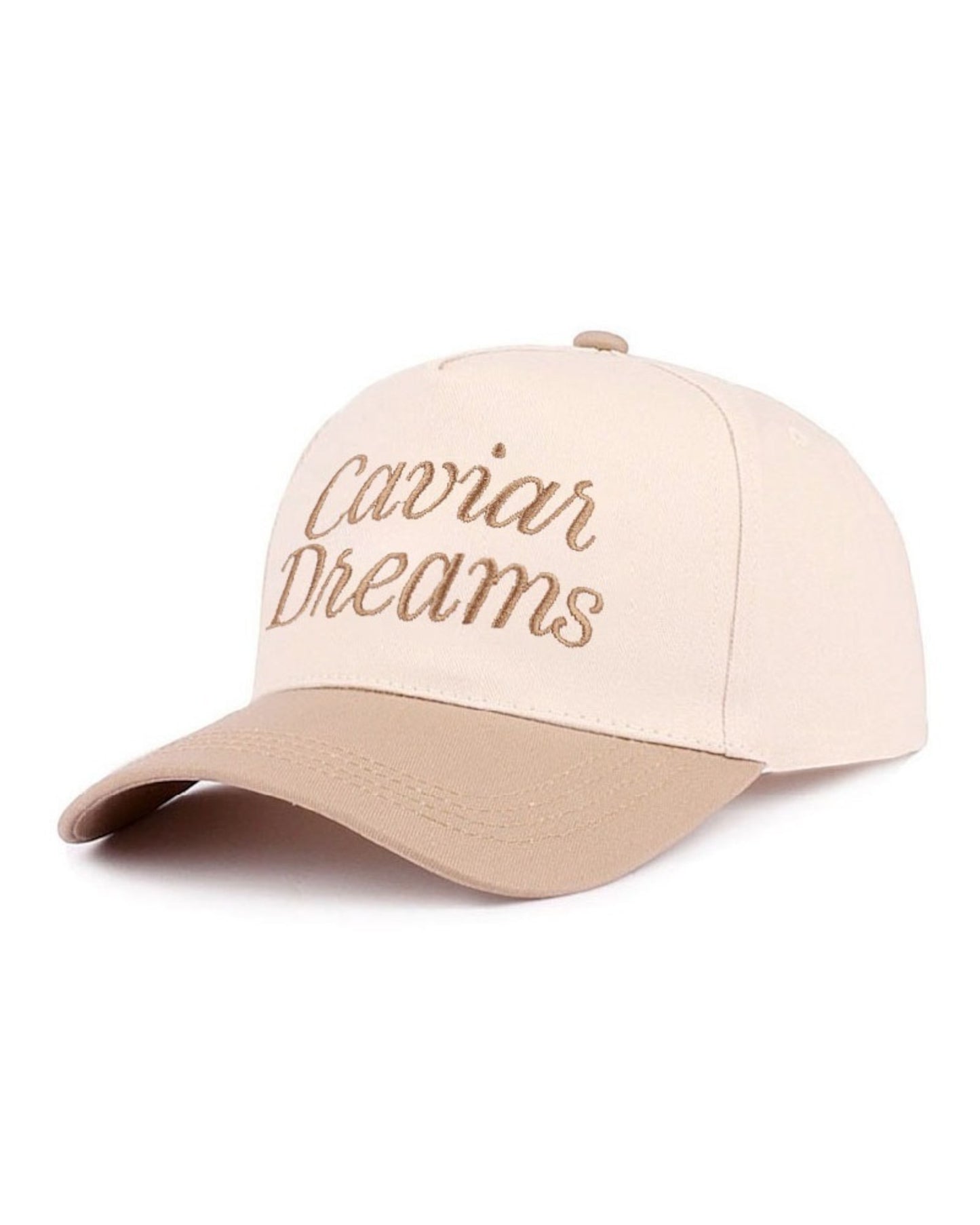 Beige cap with 'Caviar Dreams' text on a white background.