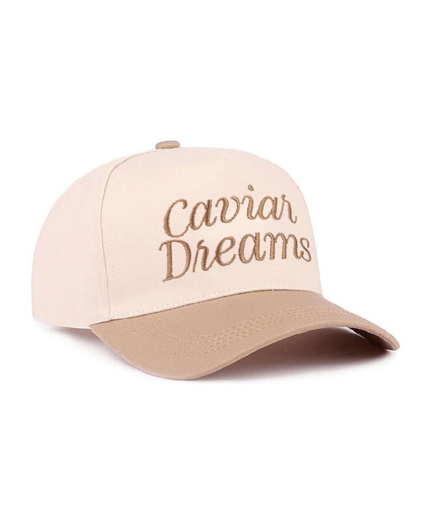 Beige cap with 'Caviar Dreams' text on a white background.
