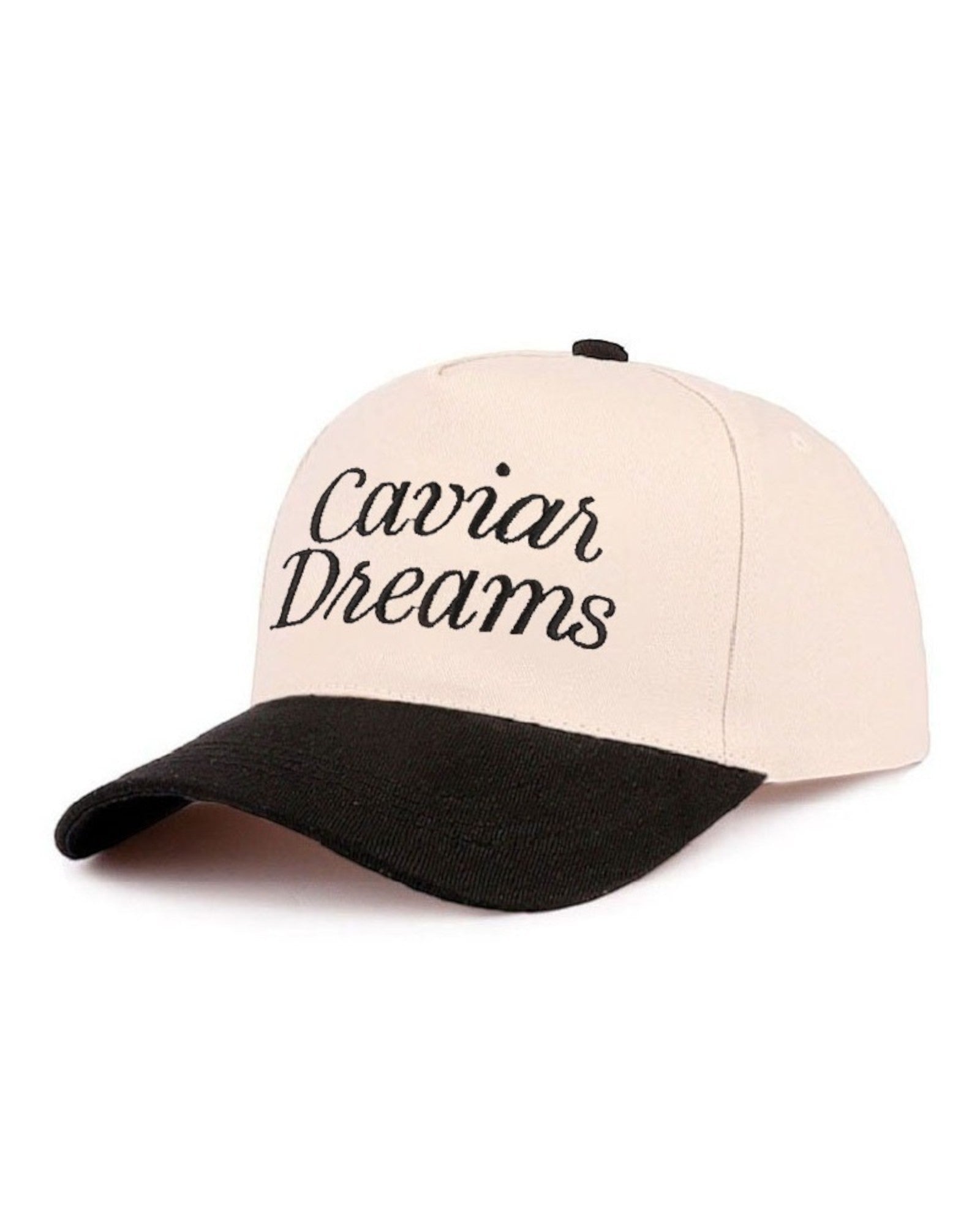 Cap with black 'Caviar Dreams' text on a white background