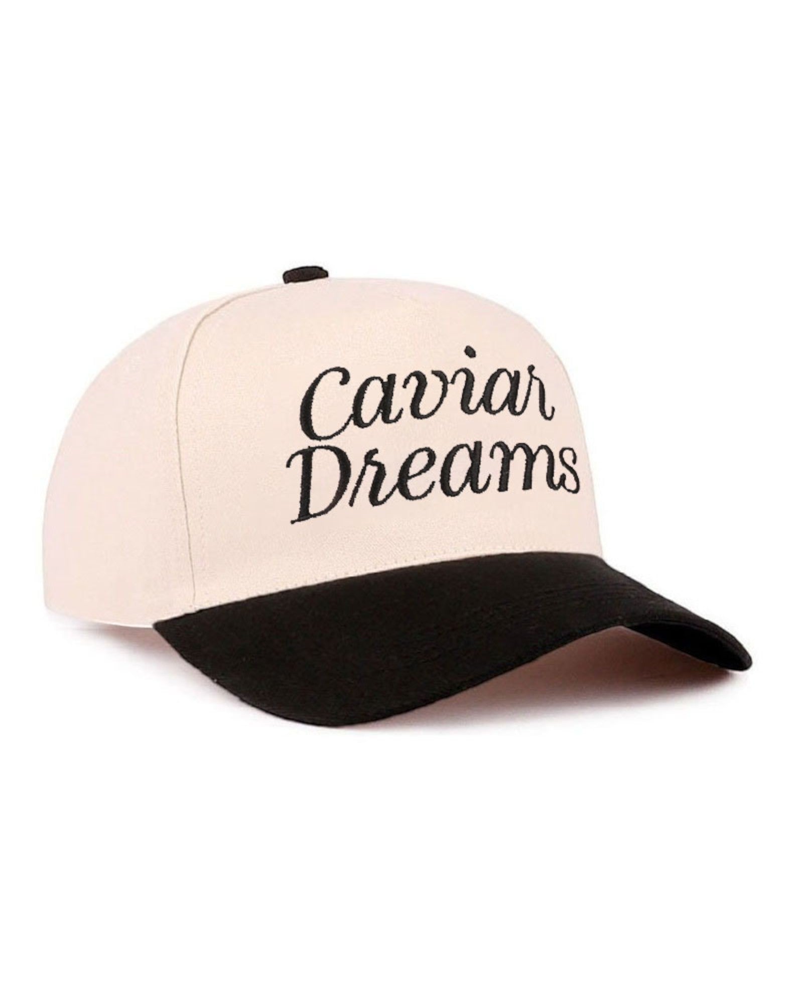 Beige and black cap with 'Caviar Dreams' text on a white background.
