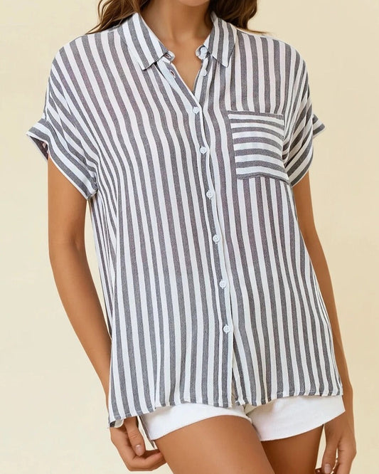 Charcoal and white striped short sleeve button-up with front pocket and collar.