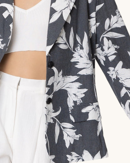 Close up of the Monroe Tropical Print Charcoal Blazer.
