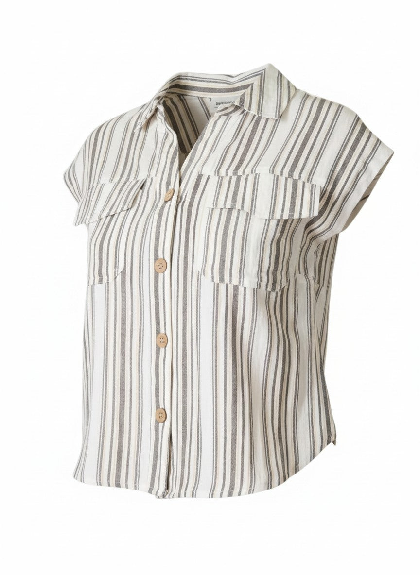 Everyday Ease Utility Button Down in Charcoal and White, plus size, front view.