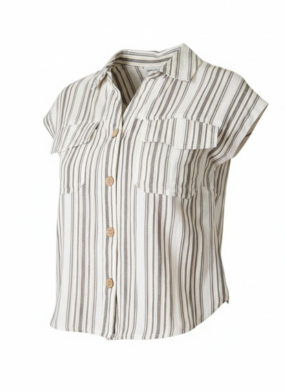 Everyday Ease Utility Button Down in Charcoal and White, plus size, front view.
