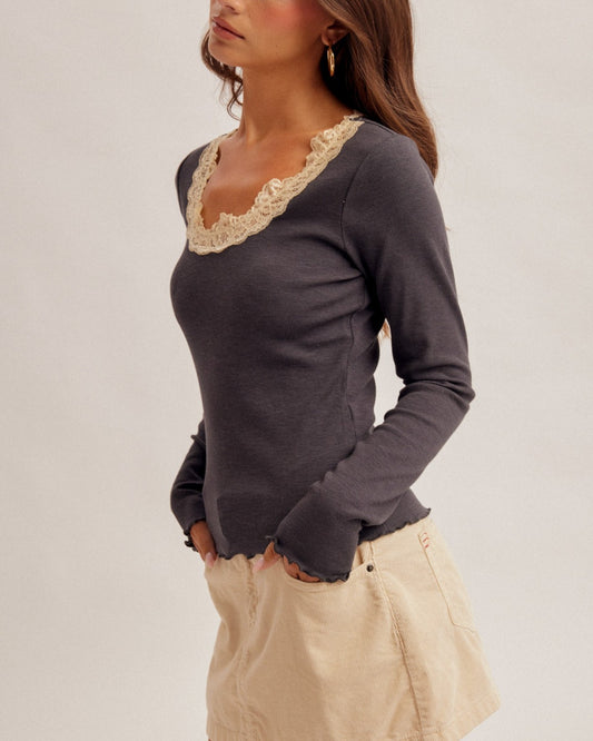 Side view of Ash & Ivory Lace Rib Top with contrast ivory lace neckline.