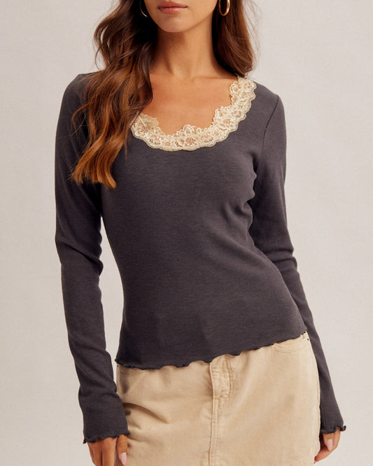Ash & Ivory Lace Rib Top with ivory lace neckline and long sleeves.