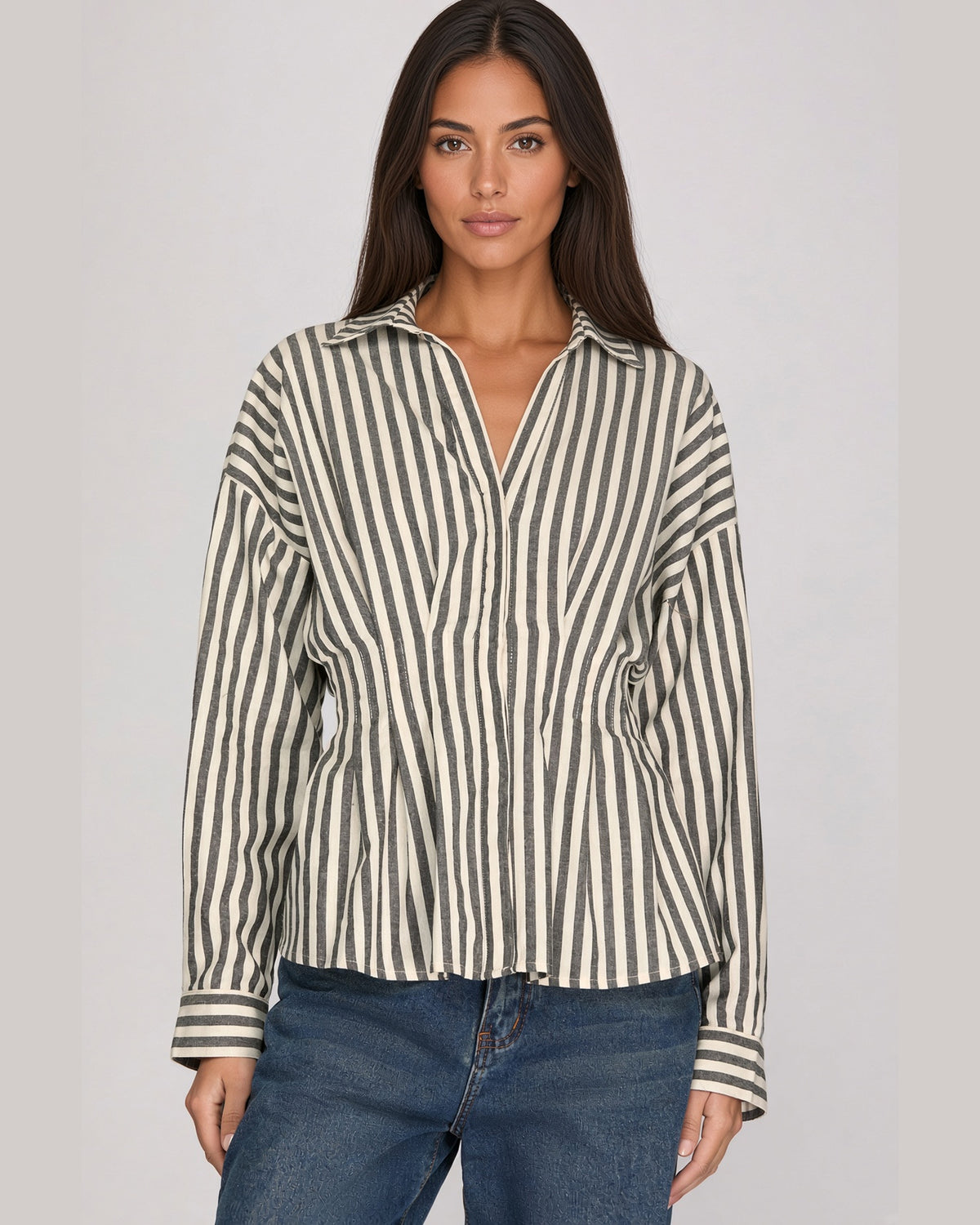 Model wearing the Park Row Charcoal Stripe Cotton Button Down.