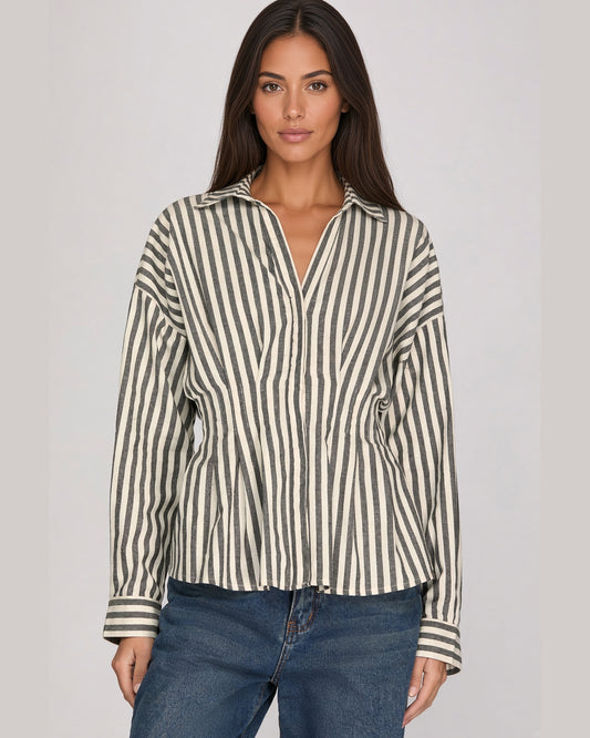Model wearing the Park Row Charcoal Stripe Cotton Button Down.