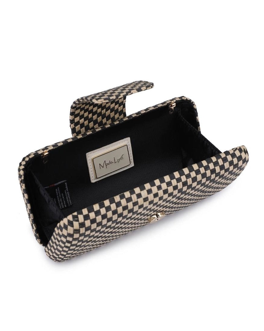 Black and Natural Checkered crossbody bag with chain strap.