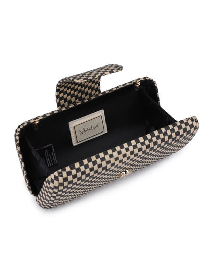 Black and Natural Checkered crossbody bag with chain strap.